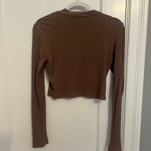Elegant Brown Long Sleeve Ribbed Top
